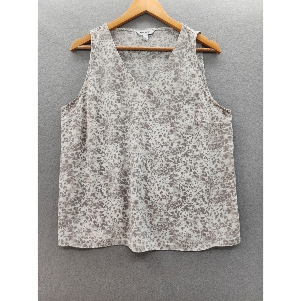 Nine West Womens V-Neck Sleeveless Blouse L Grey White Animal Print Shell Top